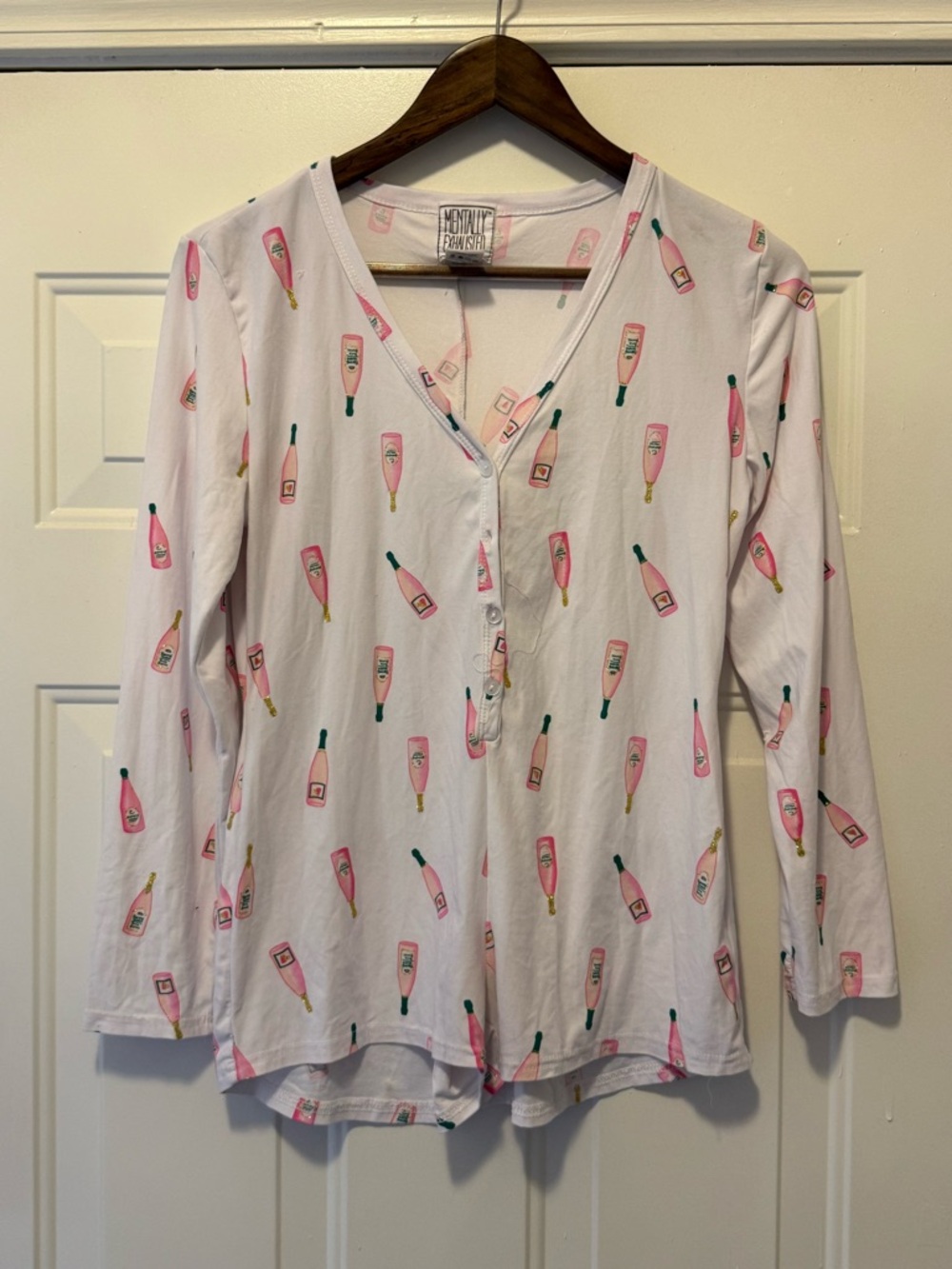 Mentally Exhausted Women's Pink Champagne Print Henley Pajama romper size Med EC